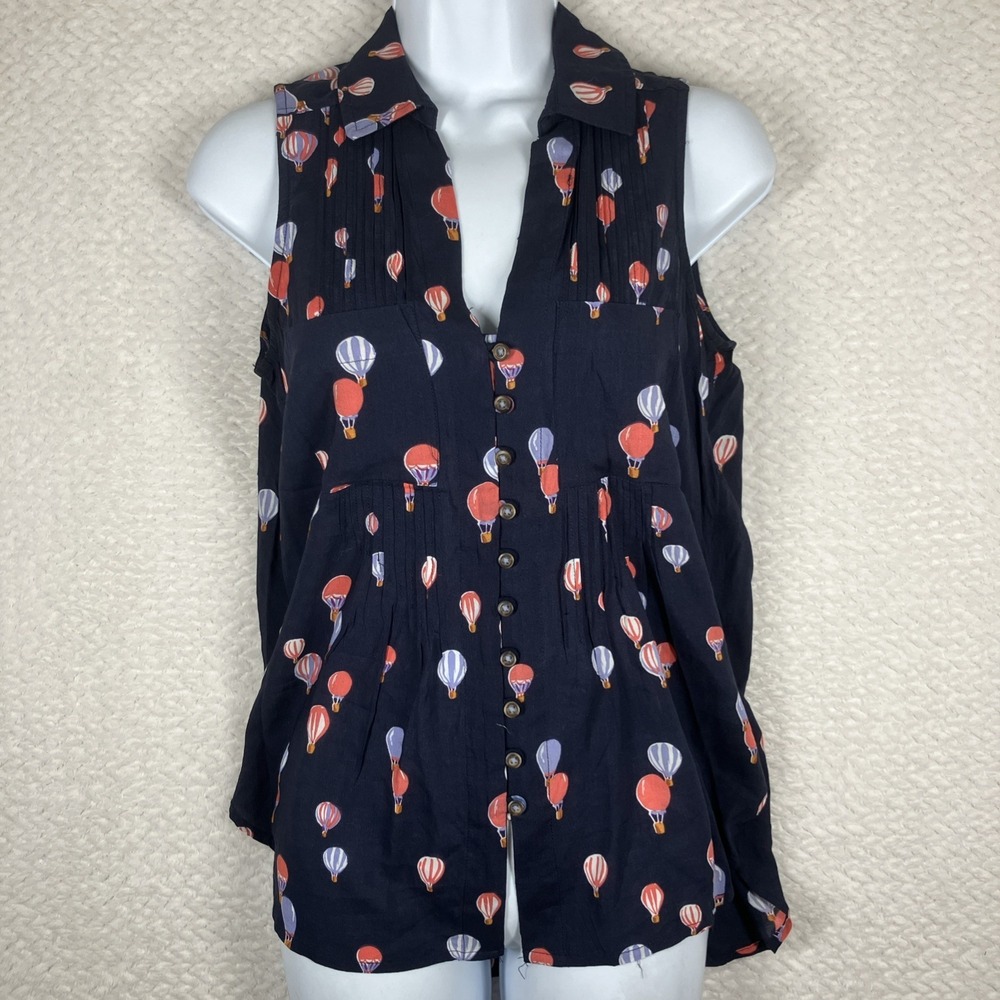 Maeve Anthropologie Blouse Womens X Small‎ Navy Hot Air Balloon Pintucked Top